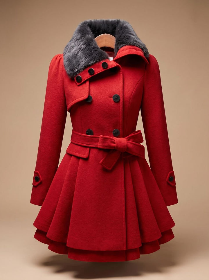 Damen Peacoat Vintage Kunstfell-Kragen Taillierter Wintermantel - Rot