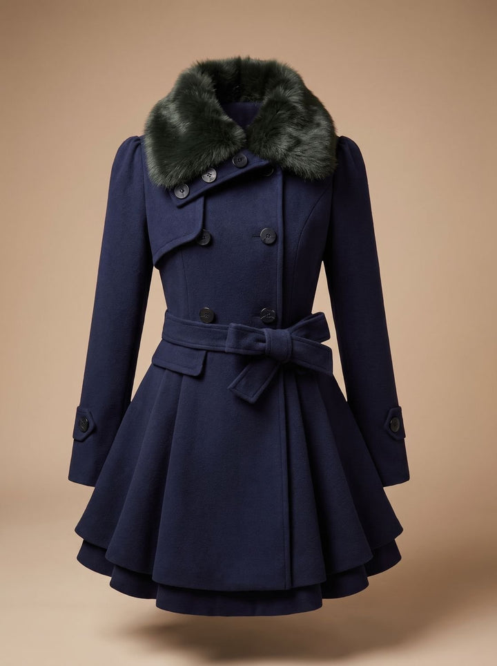 Damen Peacoat Vintage Kunstfell-Kragen Taillierter Wintermantel - Dunkelblau