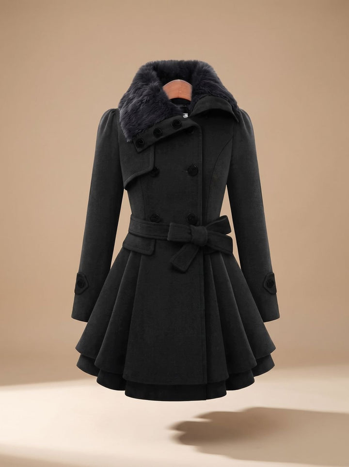 Damen Peacoat Vintage Kunstfell-Kragen Taillierter Wintermantel - Schwarz