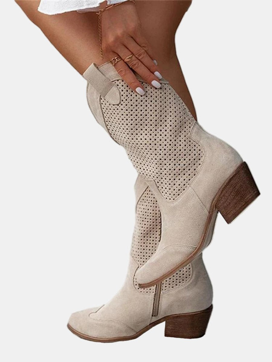 Damen Perforierte Knee High Boots Blockabsatz Wildlederoptik - Beige
