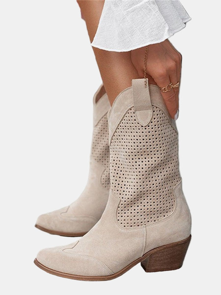 Damen Perforierte Knee High Boots Blockabsatz Wildlederoptik