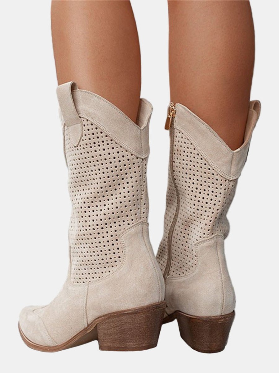 Damen Perforierte Knee High Boots Blockabsatz Wildlederoptik