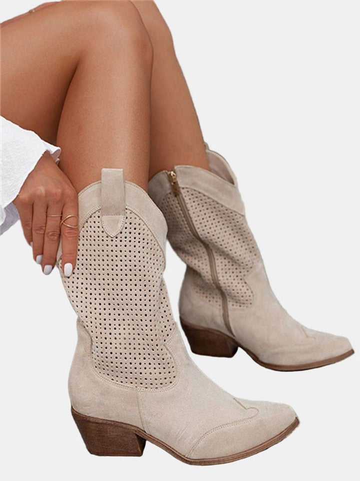Damen Perforierte Knee High Boots Blockabsatz Wildlederoptik