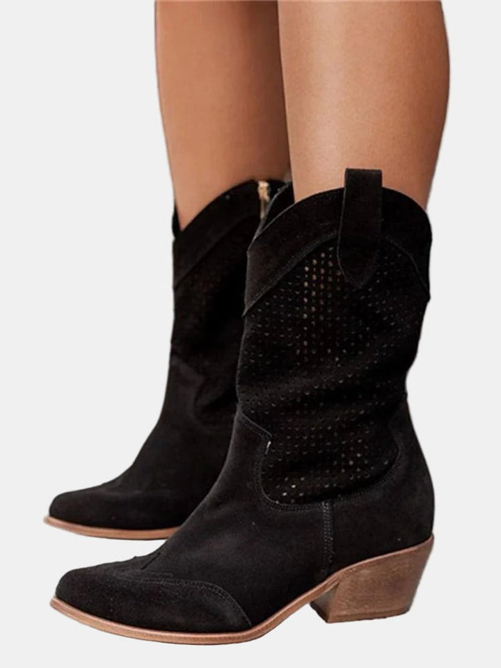 Damen Perforierte Knee High Boots Blockabsatz Wildlederoptik - Schwarz
