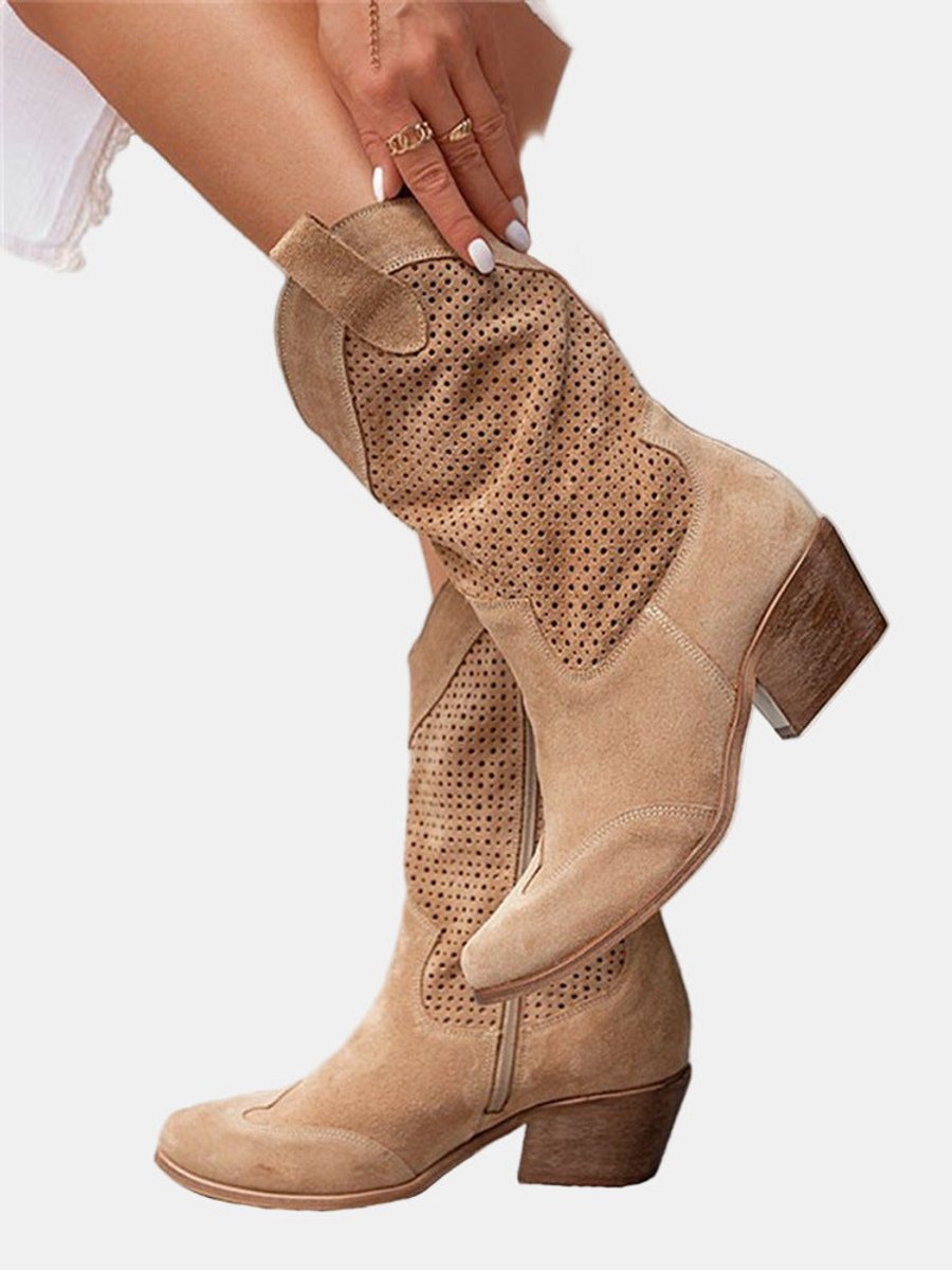 Damen Perforierte Knee High Boots Blockabsatz Wildlederoptik