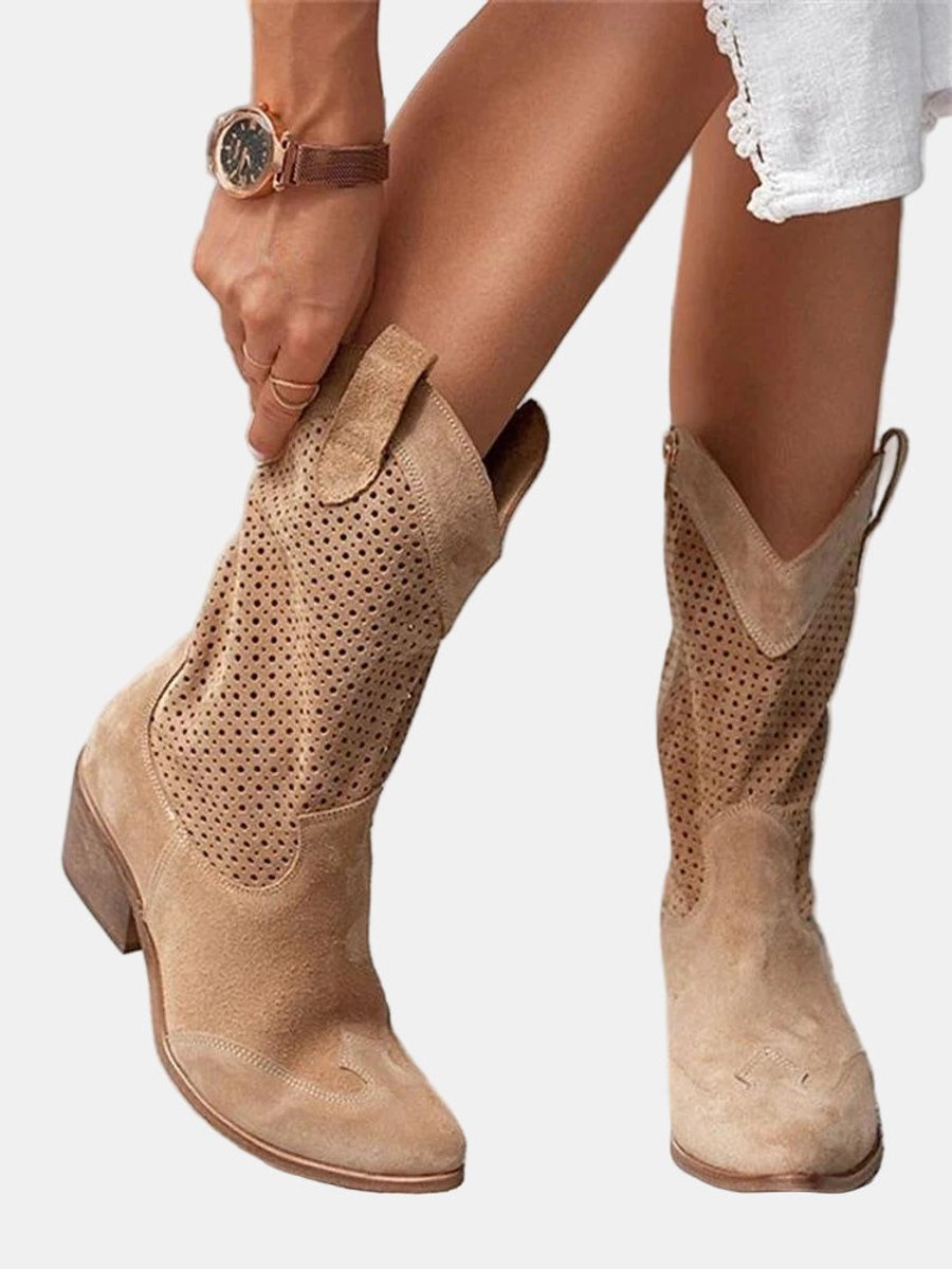 Damen Perforierte Knee High Boots Blockabsatz Wildlederoptik - Braun