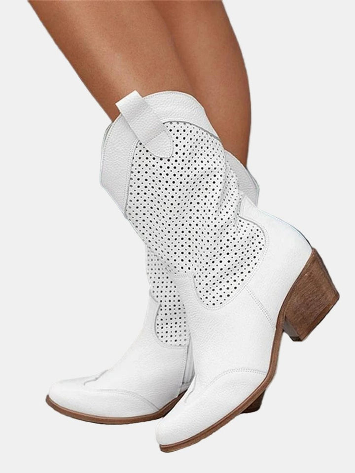 Damen Perforierte Knee High Boots Blockabsatz Wildlederoptik - Weiß