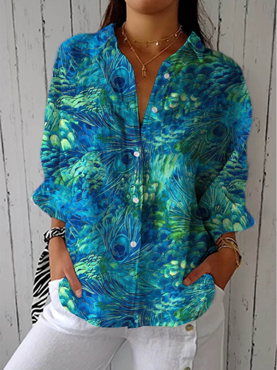 Damen Pfauenfeder-Muster Langarm Knopfleiste Bluse - Multicolor