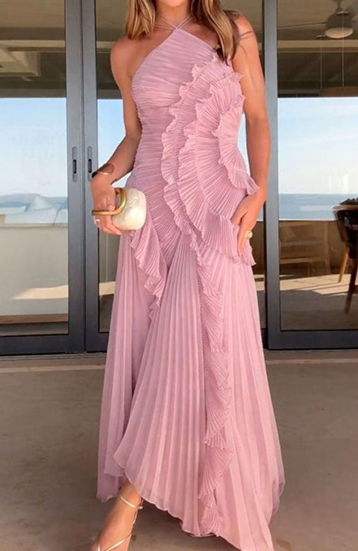 Damen Plissee Maxikleid mit Rüschen Neckholder Maxi - Rosa