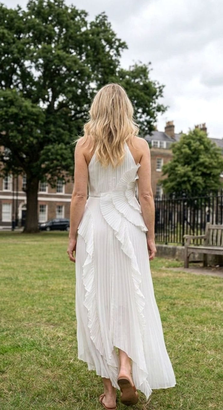 Damen Plissee Maxikleid mit Rüschen Neckholder Maxi