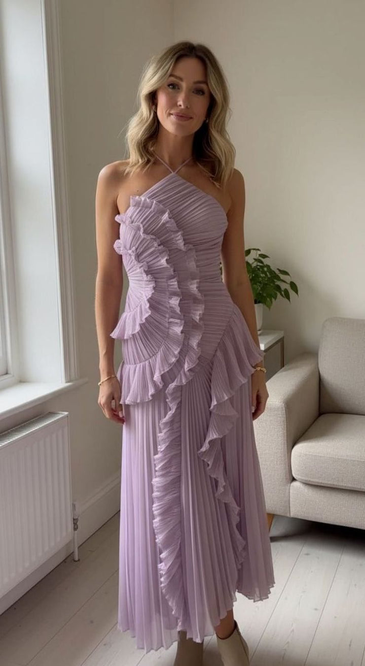 Damen Plissee Maxikleid mit Rüschen Neckholder Maxi - Lila