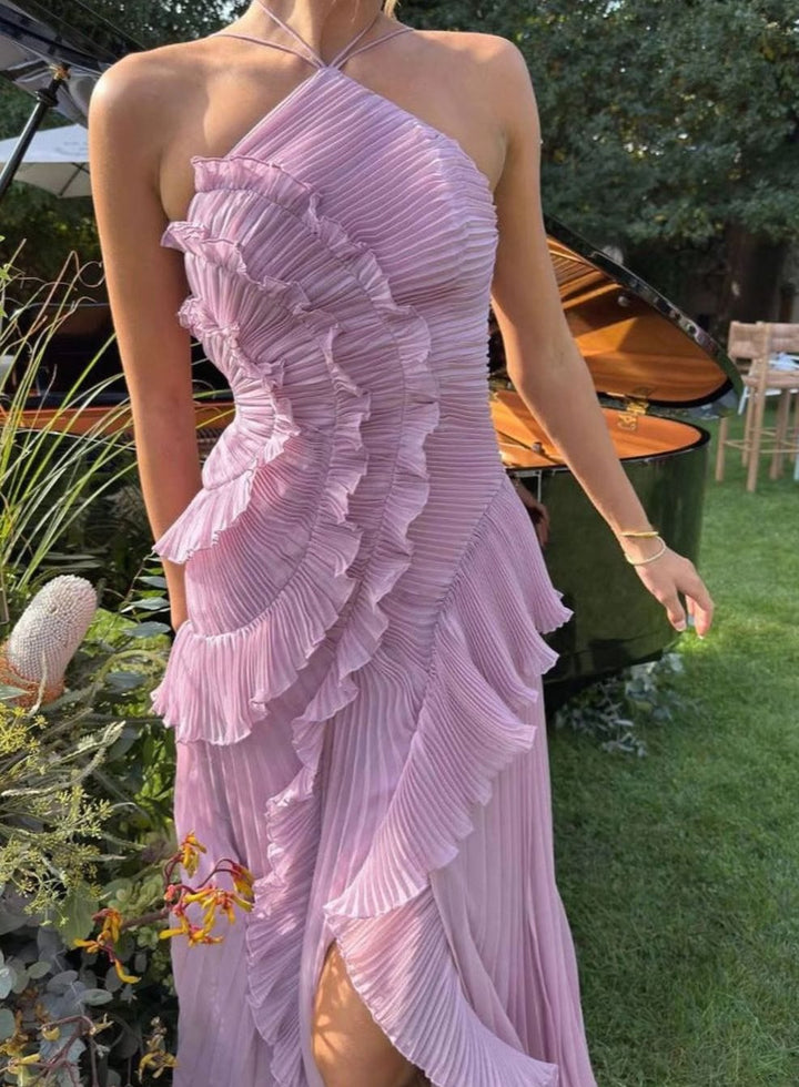 Damen Plissee Maxikleid mit Rüschen Neckholder Maxi