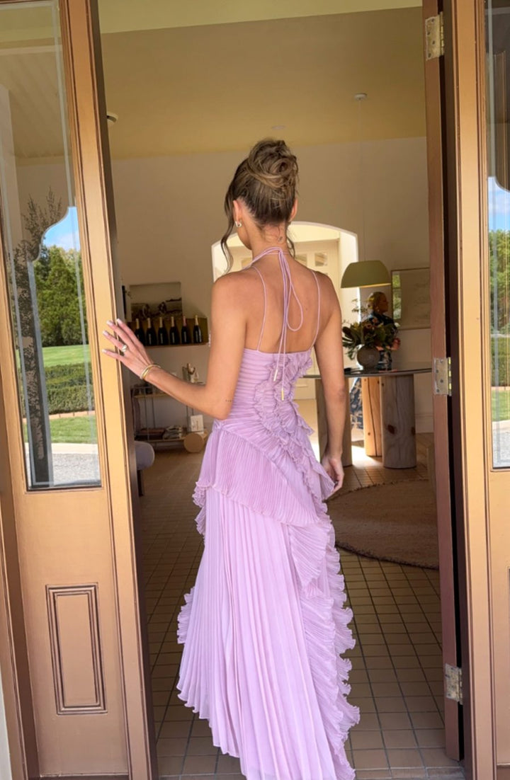 Damen Plissee Maxikleid mit Rüschen Neckholder Maxi