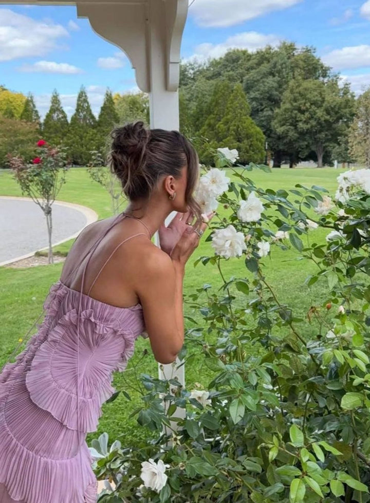 Damen Plissee Maxikleid mit Rüschen Neckholder Maxi