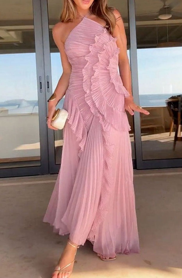 Damen Plissee Maxikleid mit Rüschen Neckholder Maxi