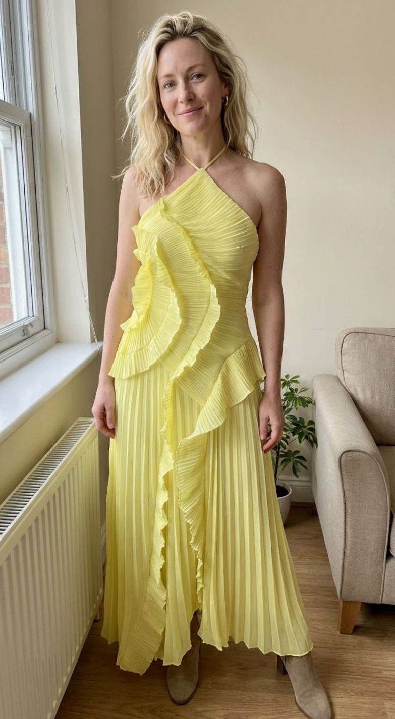 Damen Plissee Maxikleid mit Rüschen Neckholder Maxi - Gelb