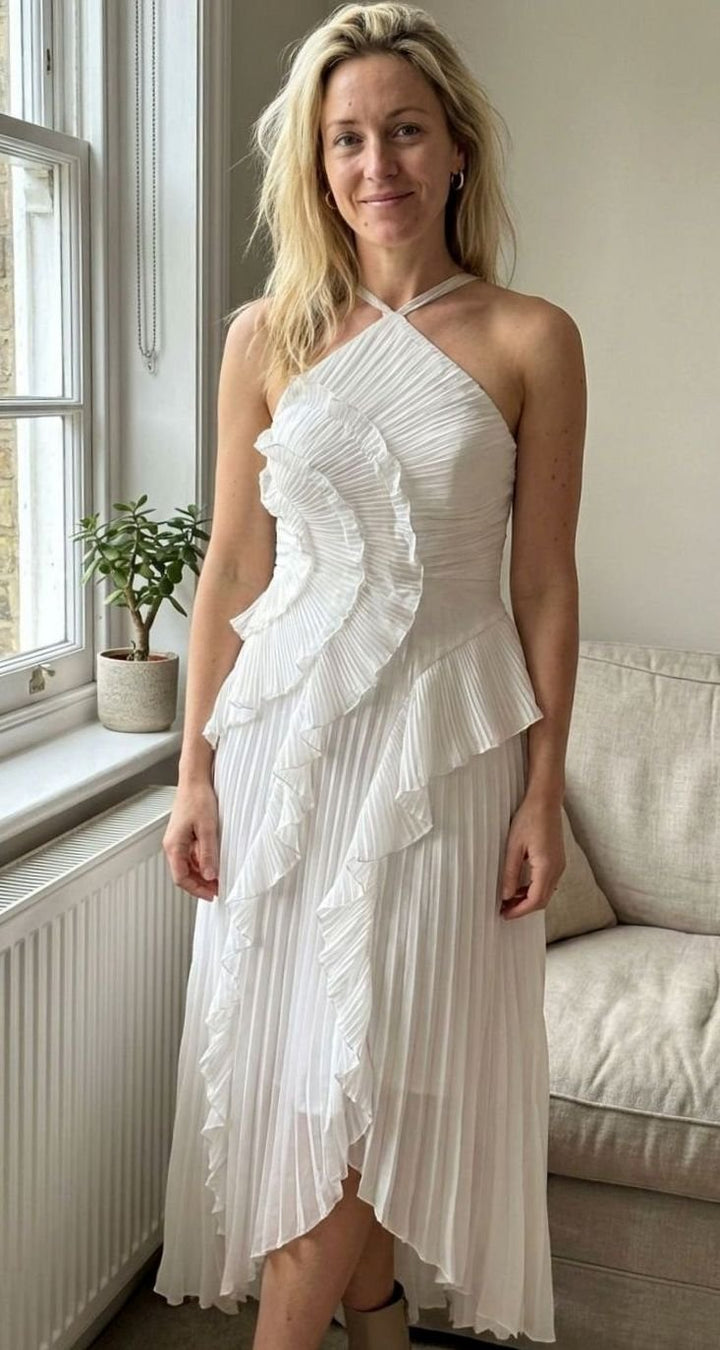 Damen Plissee Maxikleid mit Rüschen Neckholder Maxi - Weiß