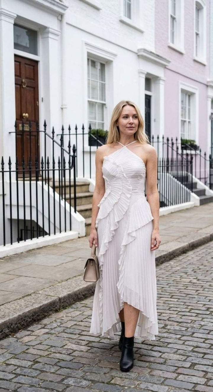 Damen Plissee Maxikleid mit Rüschen Neckholder Maxi