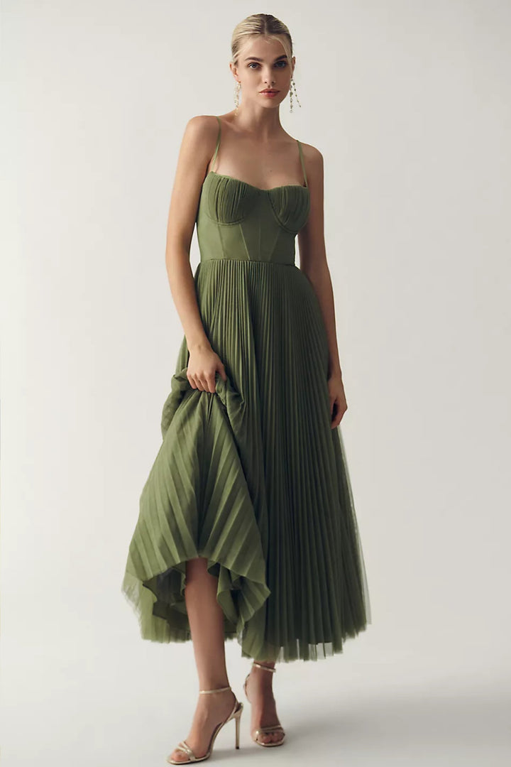 Damen Plissee Midi-Slip-Kleid mit Bustier-Korsett - Green