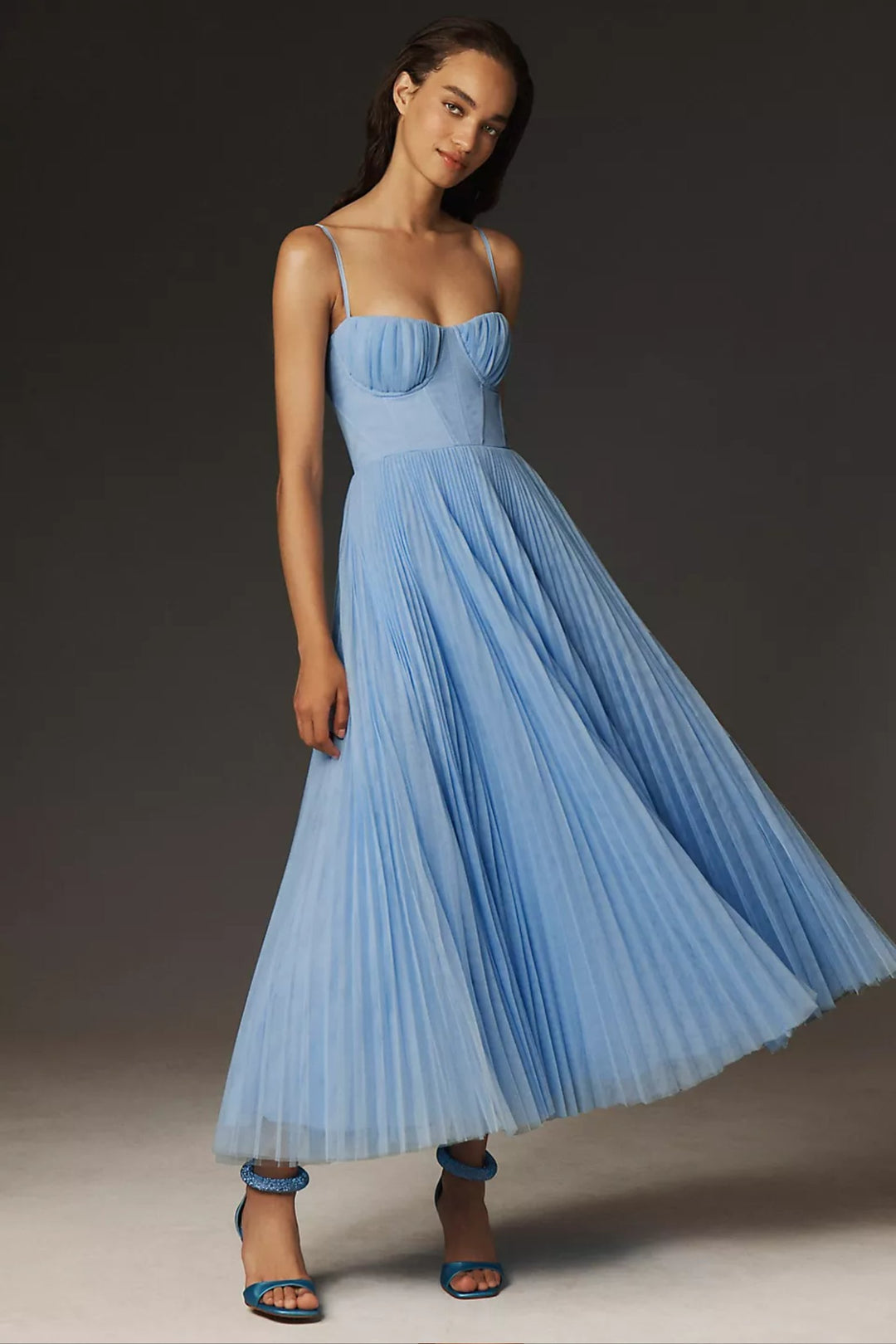 Damen Plissee Midi-Slip-Kleid mit Bustier-Korsett - Blue