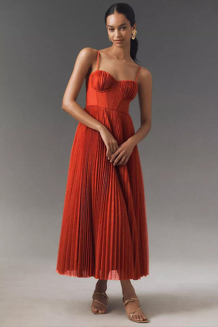 Damen Plissee Midi-Slip-Kleid mit Bustier-Korsett - Orange