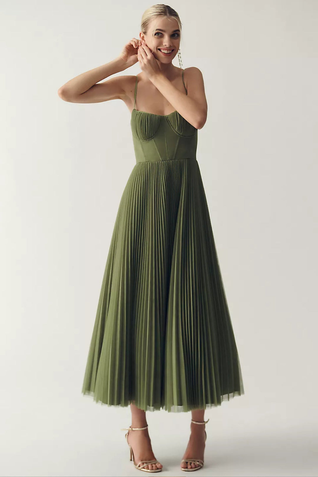 Damen Plissee Midi-Slip-Kleid mit Bustier-Korsett