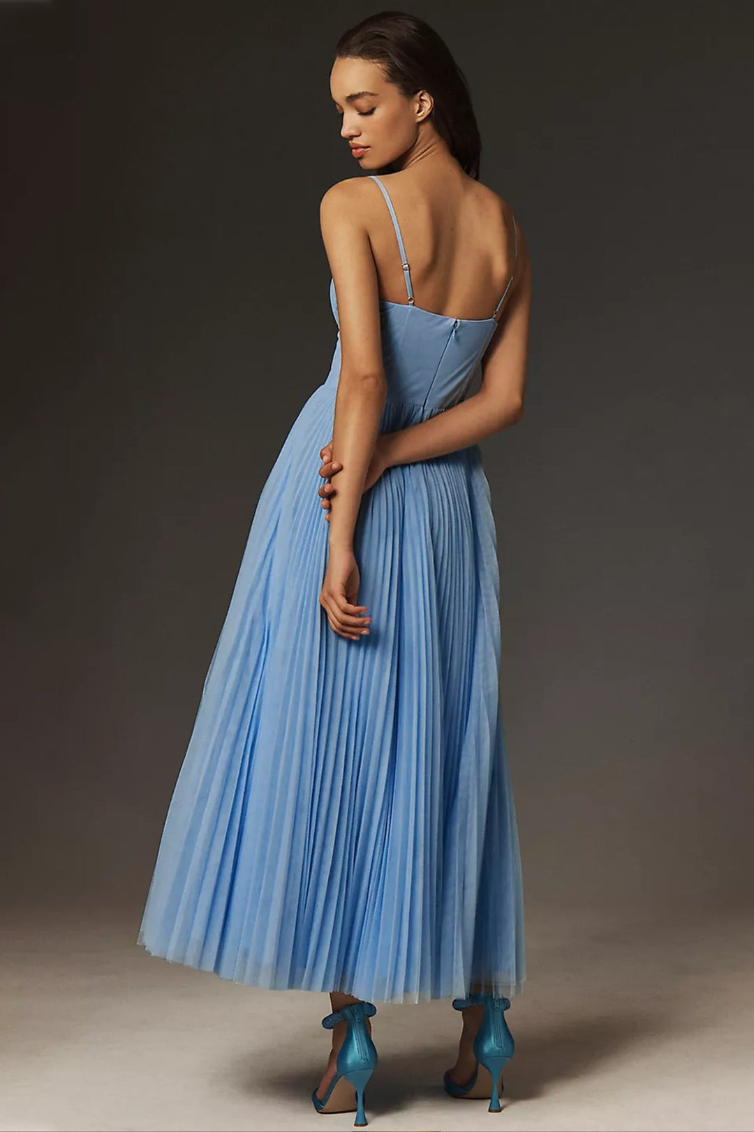 Damen Plissee Midi-Slip-Kleid mit Bustier-Korsett