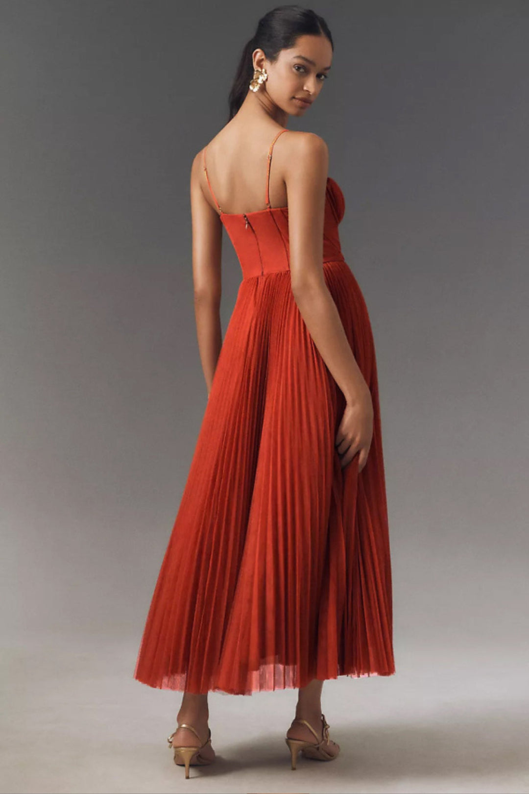 Damen Plissee Midi-Slip-Kleid mit Bustier-Korsett
