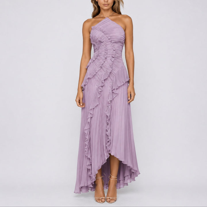 Damen Plissee-Rüschen Neckholder Maxi-Kleid für Hochzeitsgäste im Herbst - Lila