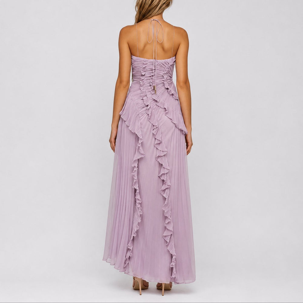Damen Plissee-Rüschen Neckholder Maxi-Kleid für Hochzeitsgäste im Herbst