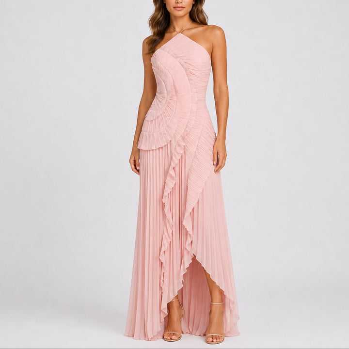 Damen Plissee-Rüschen Neckholder Maxi-Kleid für Hochzeitsgäste im Herbst - Rosa