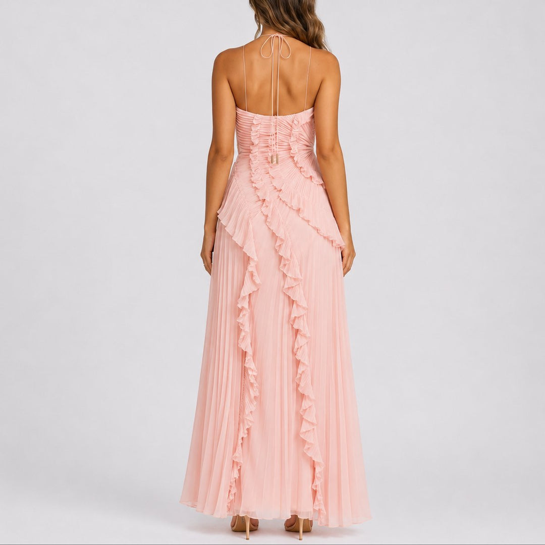 Damen Plissee-Rüschen Neckholder Maxi-Kleid für Hochzeitsgäste im Herbst