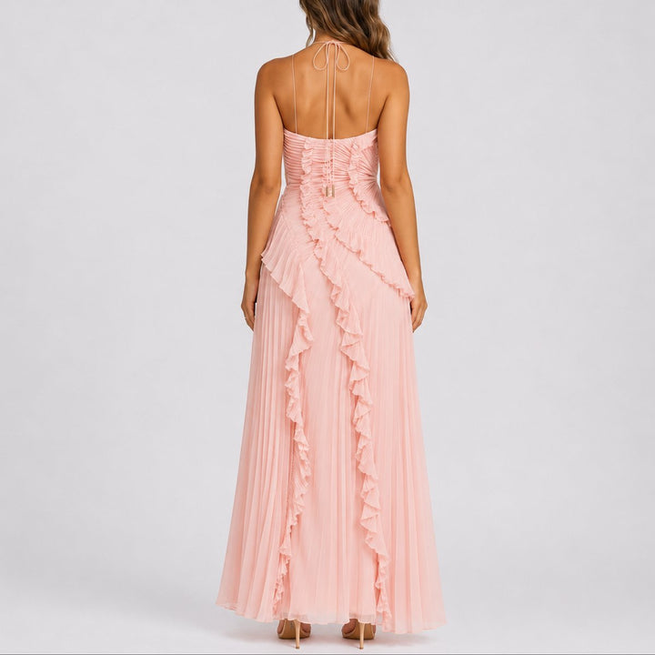 Damen Plissee-Rüschen Neckholder Maxi-Kleid für Hochzeitsgäste im Herbst