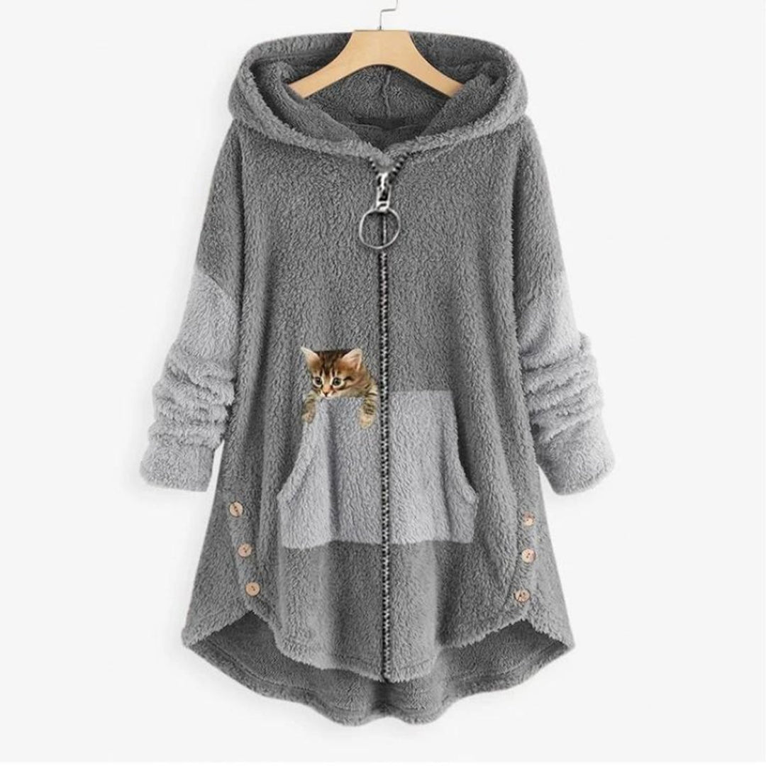 Damen Plüsch-Hoodie Sweatshirt Reißverschluss Katzen-Print Fleece - Grau