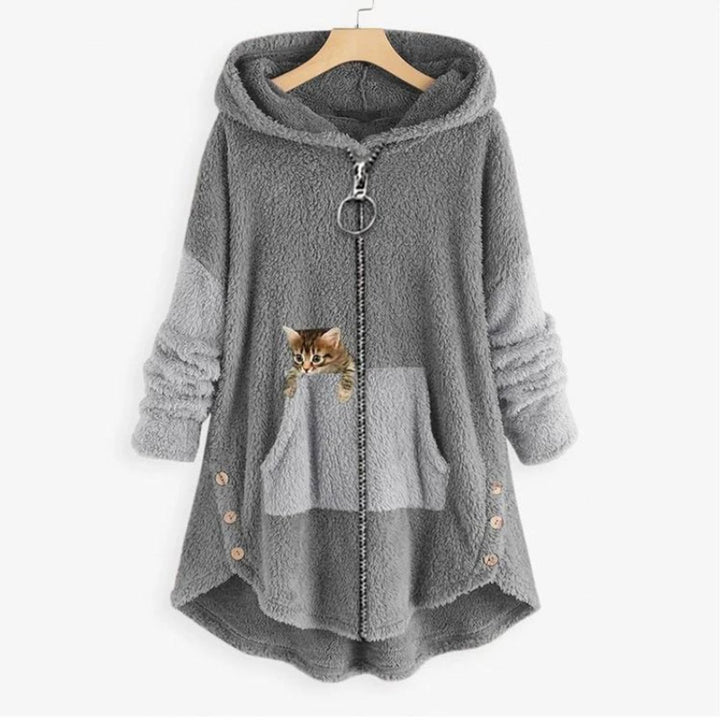 Damen Plüsch-Hoodie Sweatshirt Reißverschluss Katzen-Print Fleece - Grau