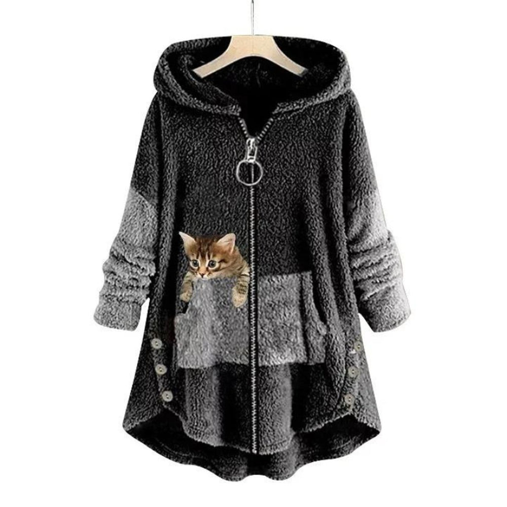 Damen Plüsch-Hoodie Sweatshirt Reißverschluss Katzen-Print Fleece - Dunkelgrau