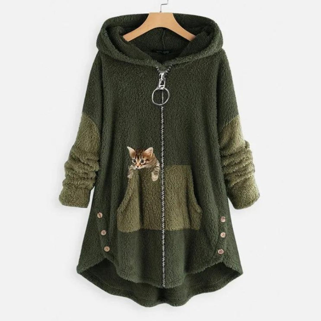 Damen Plüsch-Hoodie Sweatshirt Reißverschluss Katzen-Print Fleece - Grün