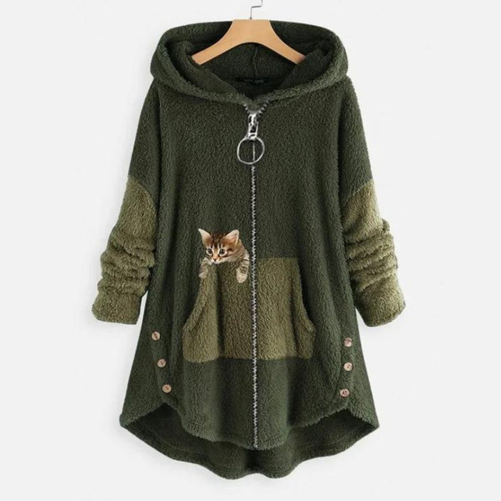 Damen Plüsch-Hoodie Sweatshirt Reißverschluss Katzen-Print Fleece - Grün