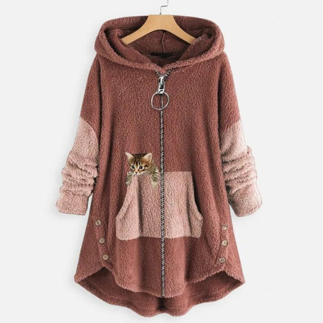 Damen Plüsch-Hoodie Sweatshirt Reißverschluss Katzen-Print Fleece - Rosa