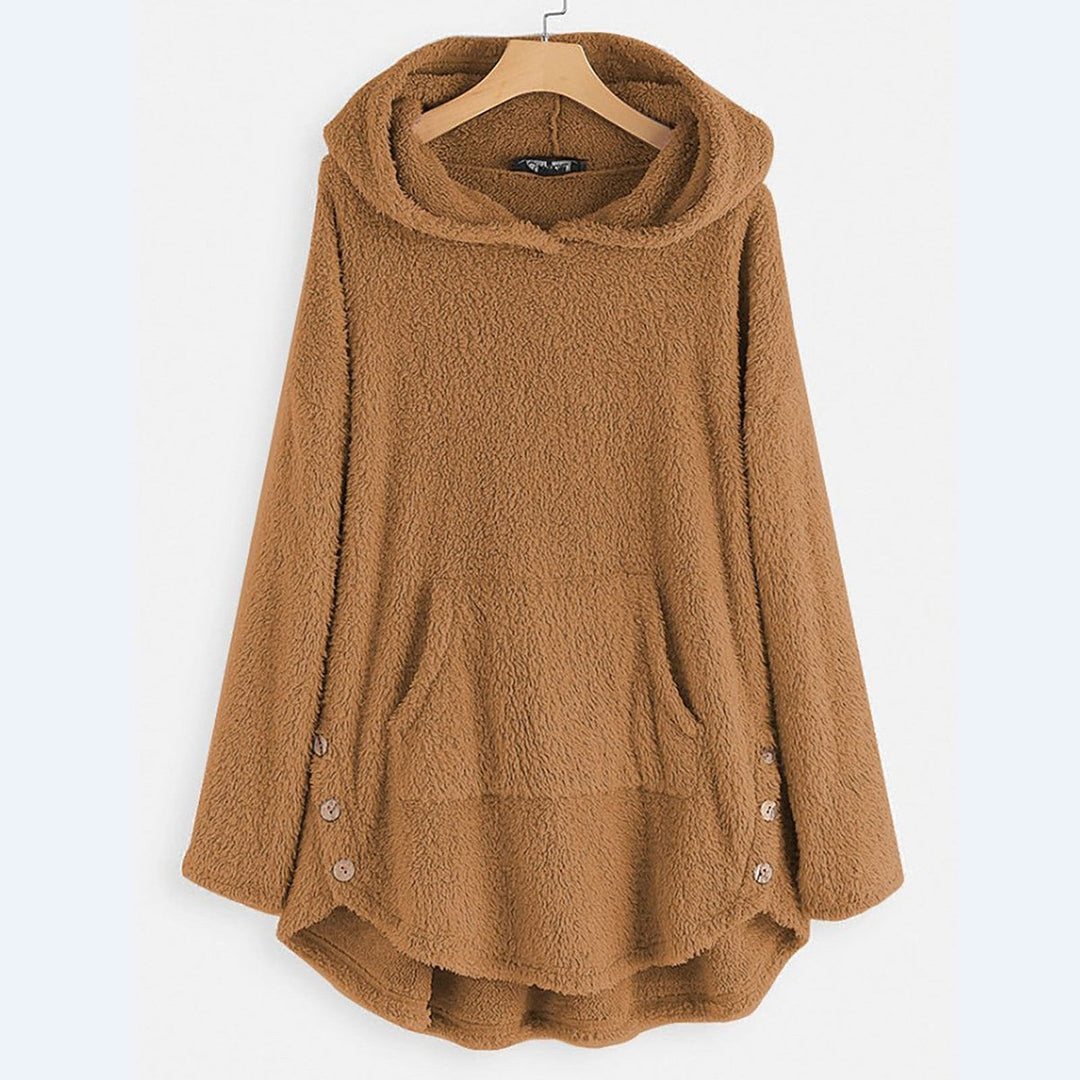 Damen Plüsch-Hoodie Sweatshirt Reißverschluss Katzen-Print Fleece - Beige