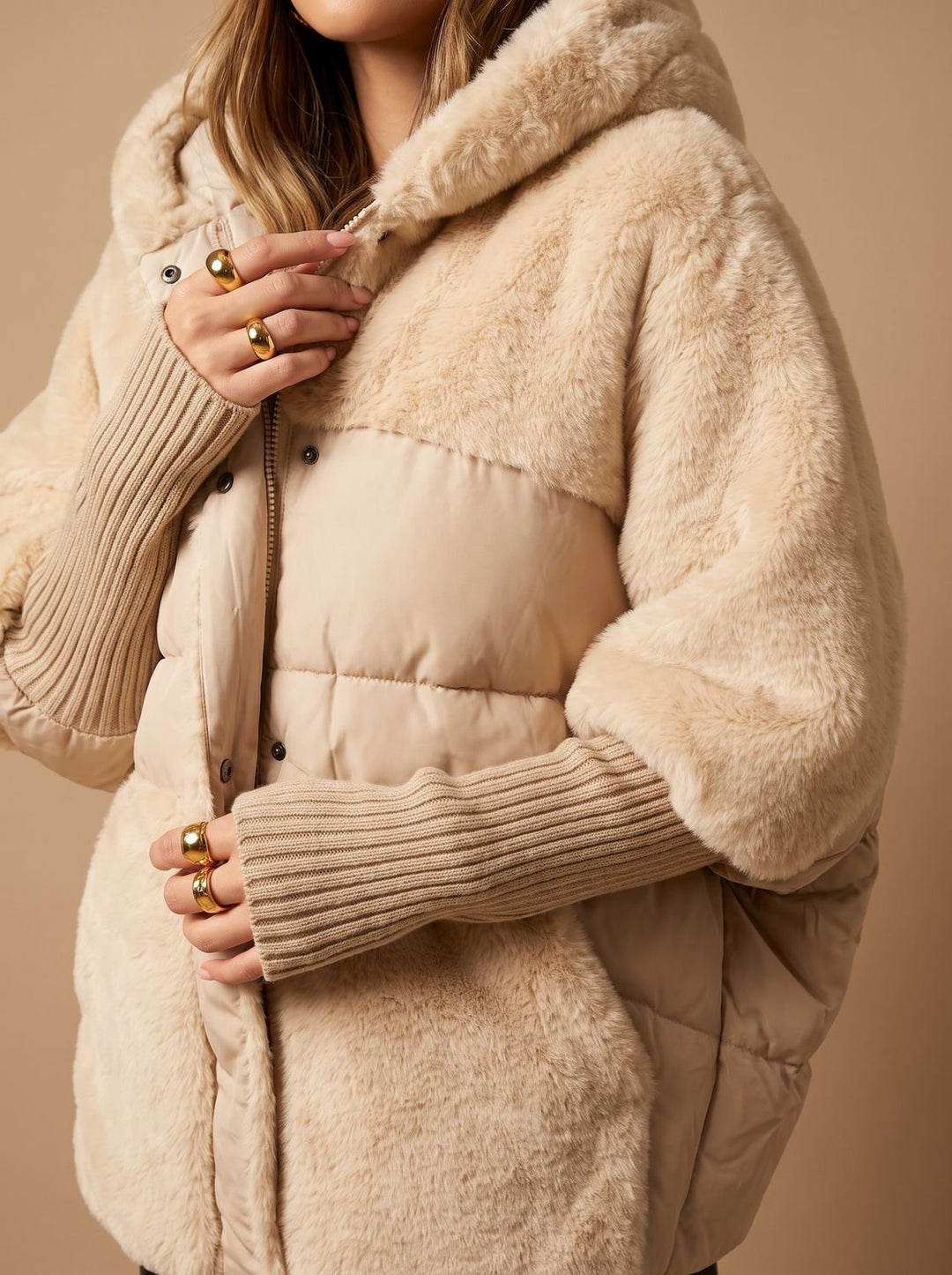 Damen Plüsch Steppmantel mit Kapuze Kunstfell Winterjacke - Beige