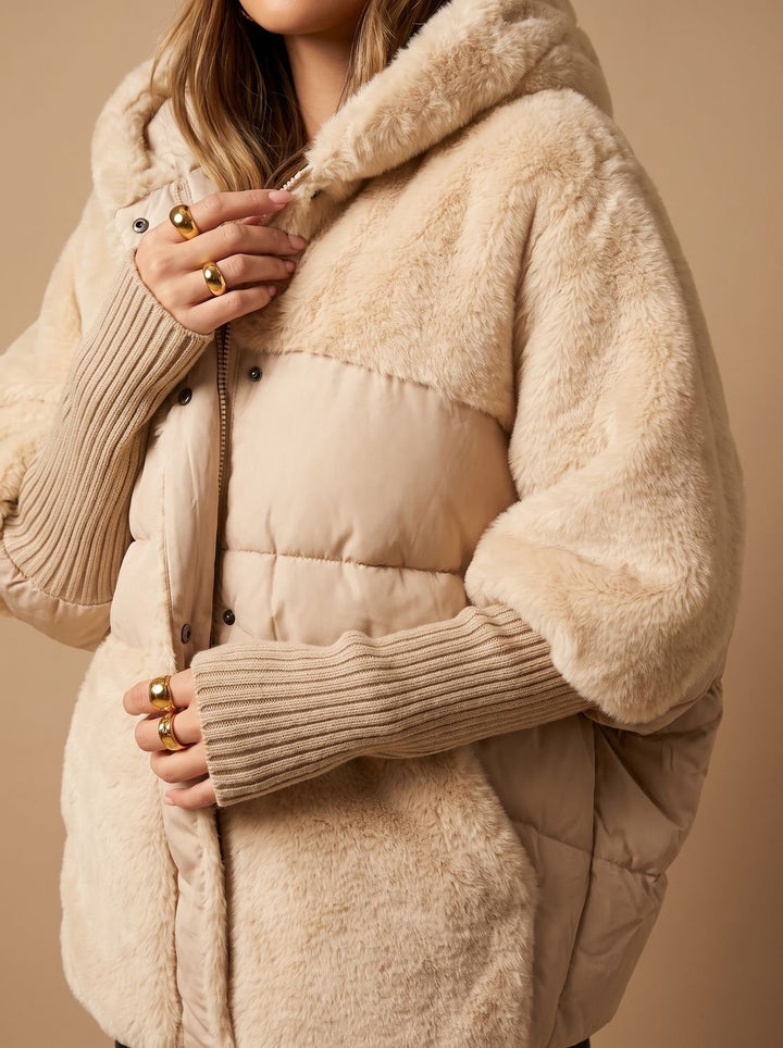 Damen Plüsch Steppmantel mit Kapuze Kunstfell Winterjacke - Beige
