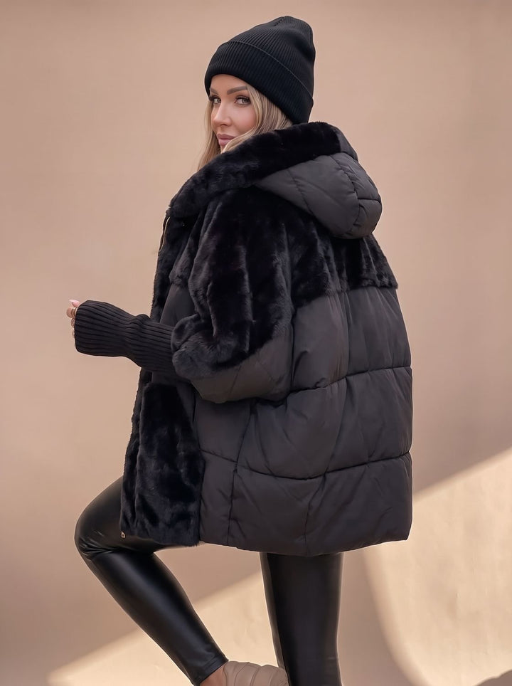 Damen Plüsch Steppmantel mit Kapuze Kunstfell Winterjacke - Schwarz