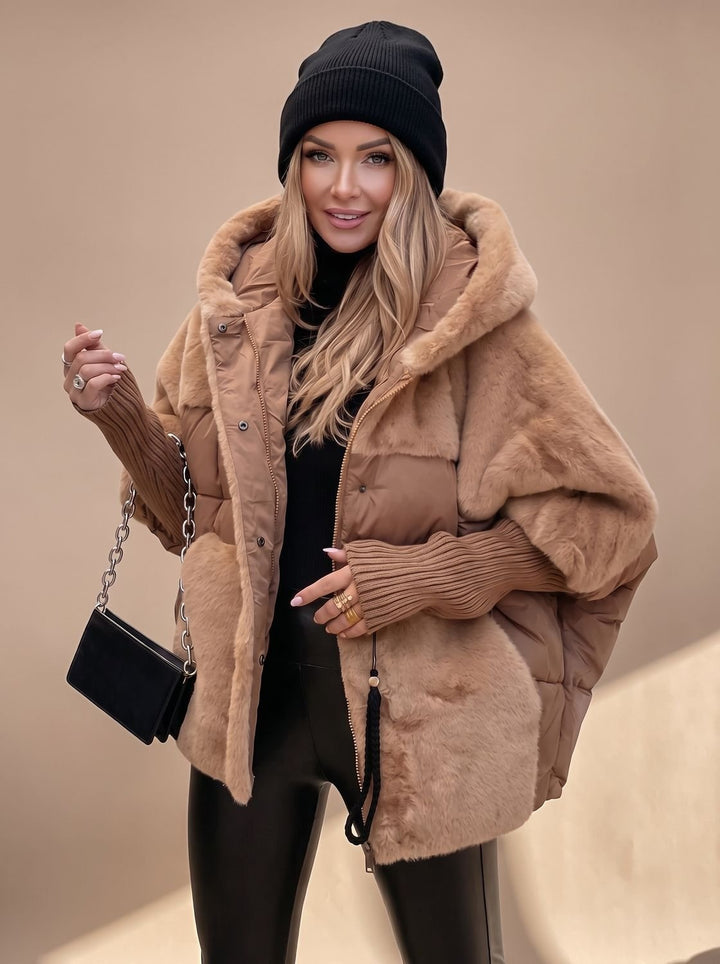 Damen Plüsch Steppmantel mit Kapuze Kunstfell Winterjacke - Braun