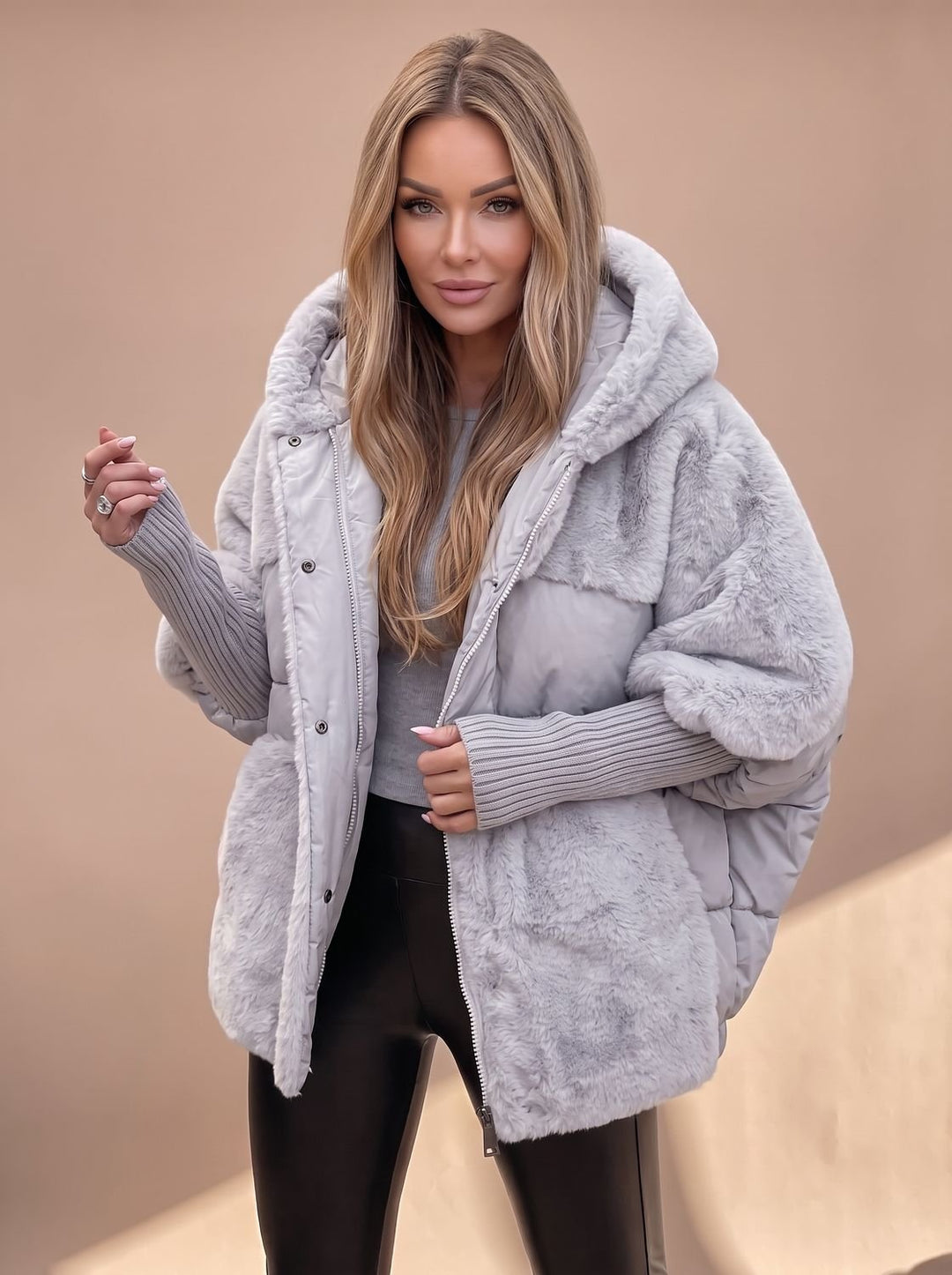 Damen Plüsch Steppmantel mit Kapuze Kunstfell Winterjacke - Grau