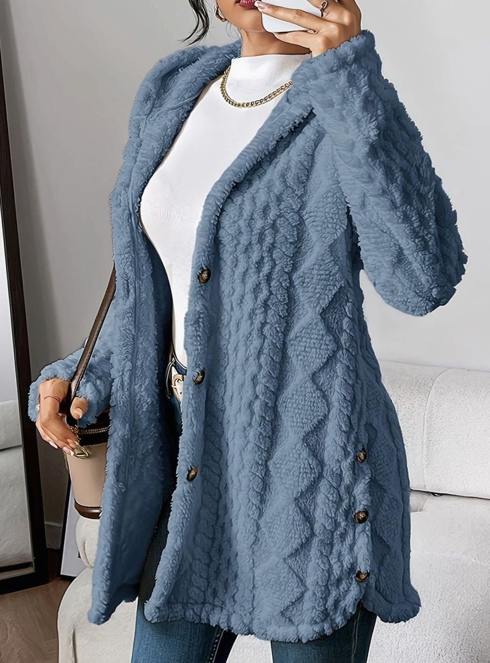 Damen Plüsch-Strickjacke mit Kapuze und Knöpfen mittellang - Denimblau