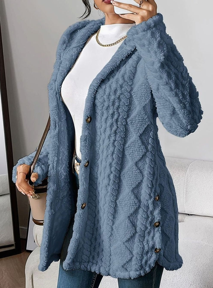 Damen Plüsch-Strickjacke mit Kapuze und Knöpfen mittellang - Denimblau