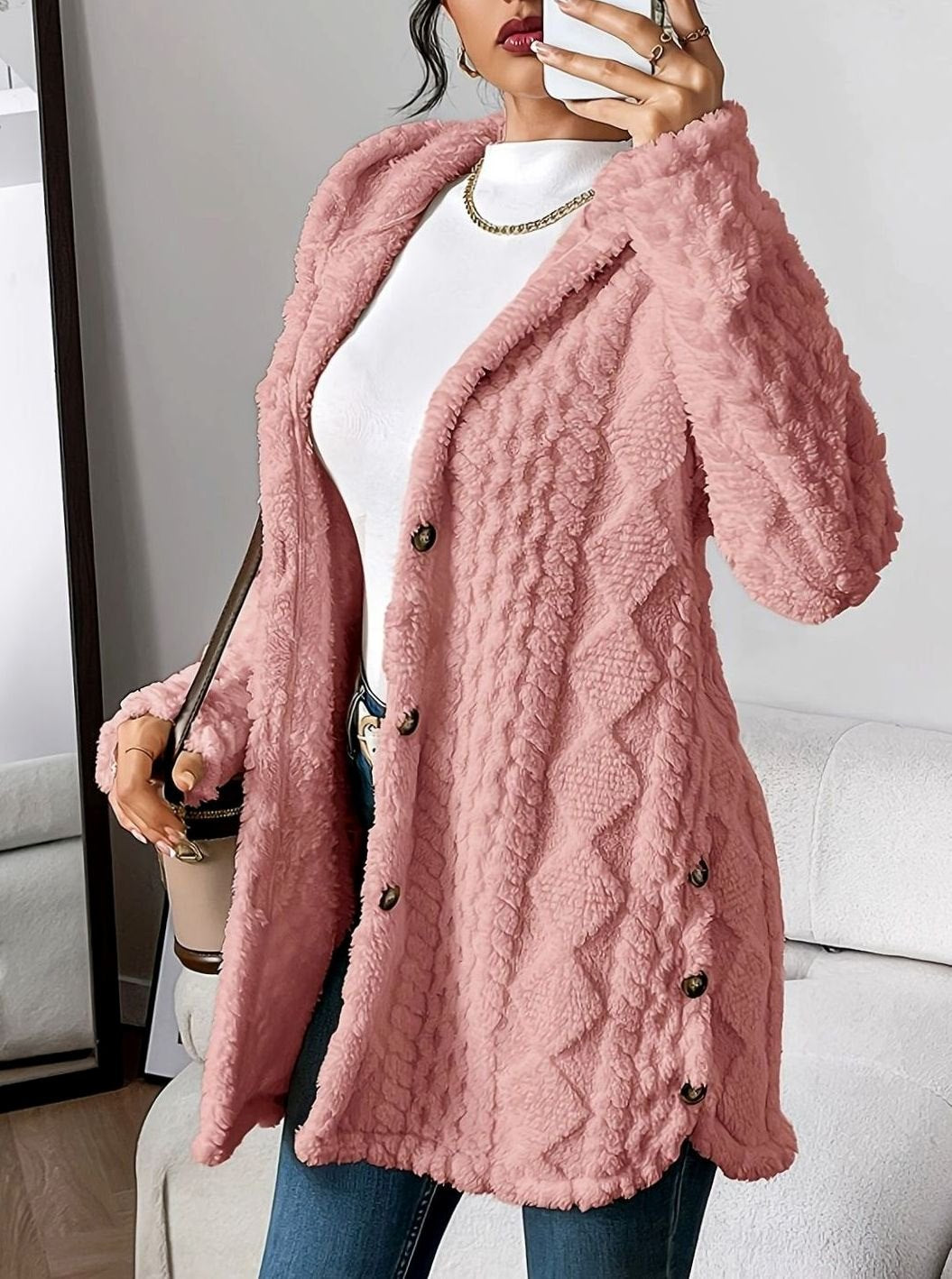 Damen Plüsch-Strickjacke mit Kapuze und Knöpfen mittellang - Rosa