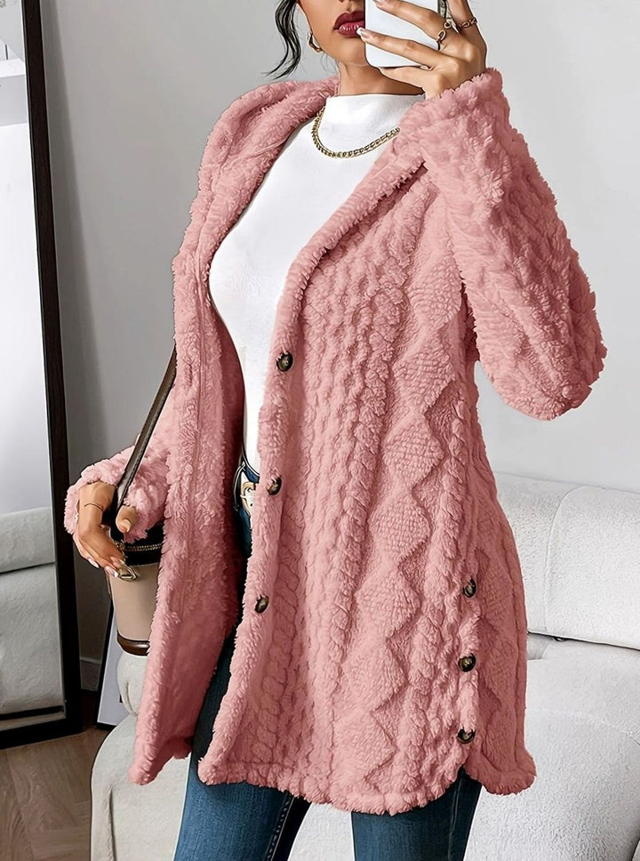 Damen Plüsch-Strickjacke mit Kapuze und Knöpfen mittellang - Rosa