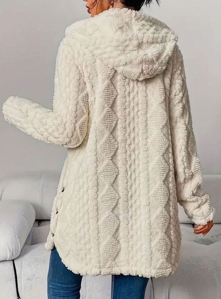 Damen Plüsch-Strickjacke mit Kapuze und Knöpfen mittellang